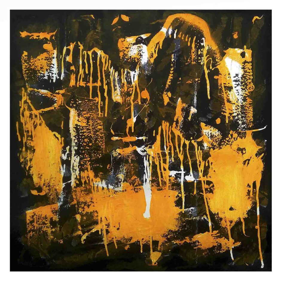 21 figures in a yellow landscape, 65 cm X 65 cm. Acrylic and spray on canvas, 2019.