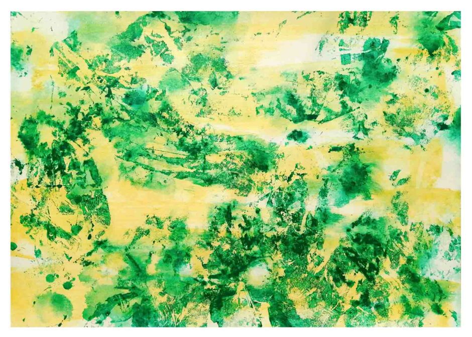 Green landscape, 50 x 70 cm, acrylic and spray paint on paper, 2021.